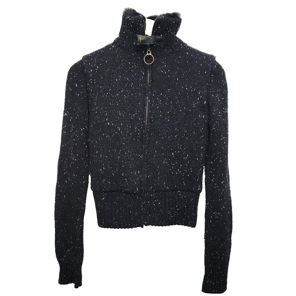 52 Weekends Chunky Flecked Wool Cardigan Faux Fur Lining Black White Size S